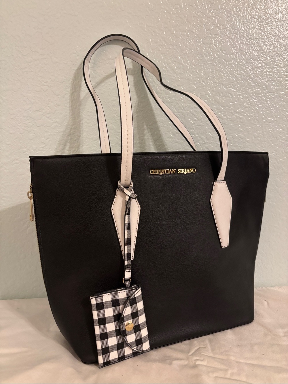 Christian Siriano Black Tote with White Handles and Checkered Pouch